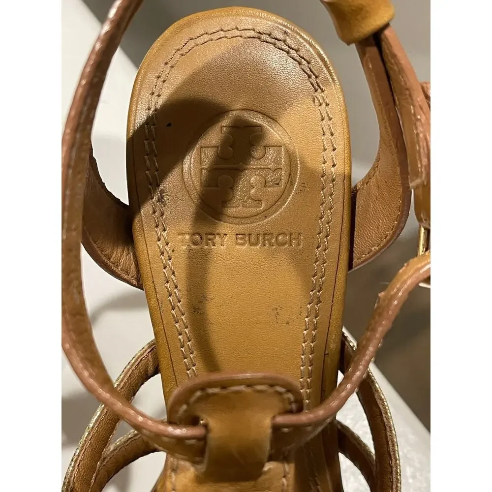 Tory Burch Leather Brown Gold Women’s Heel Sandals size: us 5.5